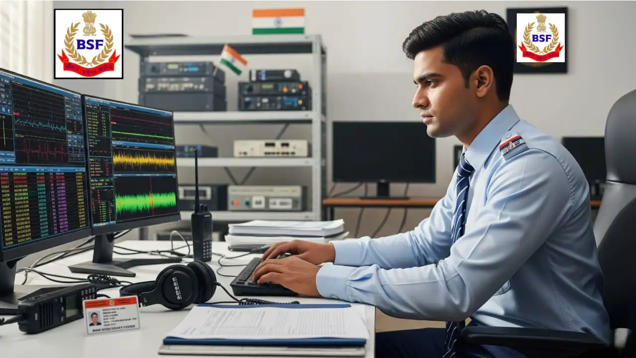BSF Head Constable Recruitment 2025 - BSF Head Constable working at a communication desk with radio equipment and computer in a modern office