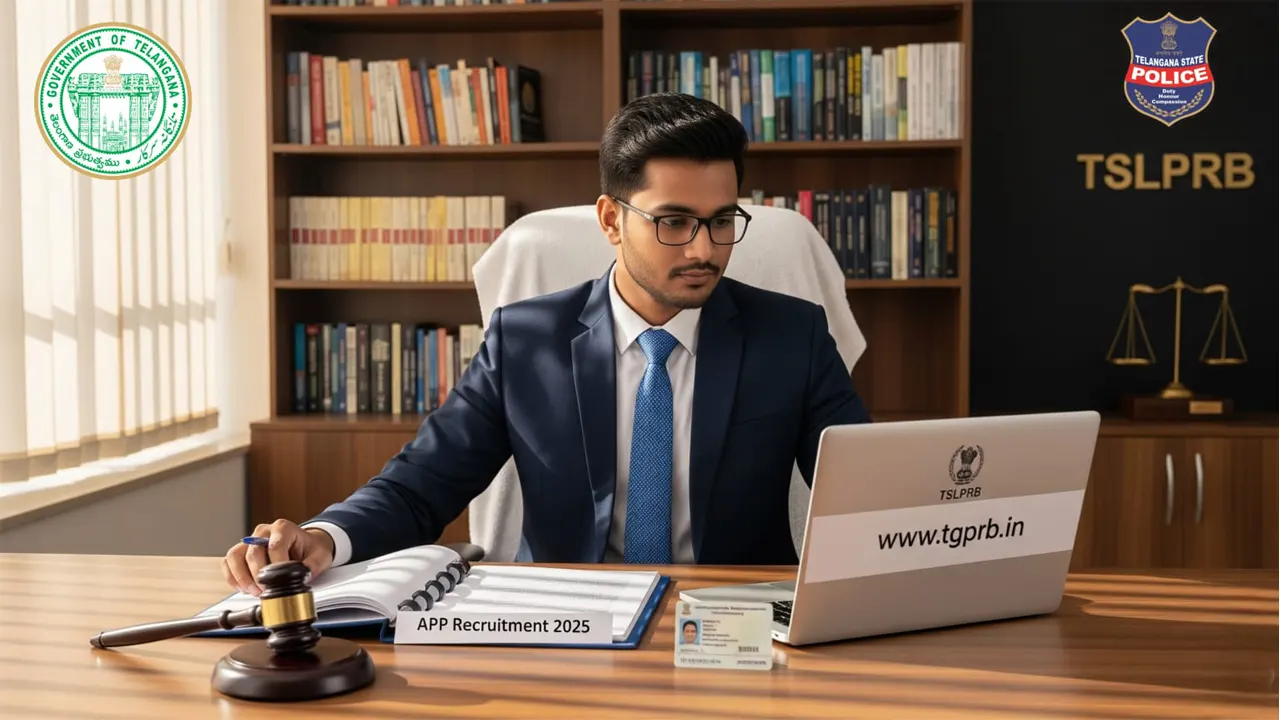 TSLPRB APP Recruitment 2025 - Telugu law graduate applying for TSLPRB APP Recruitment 2025 online at a modern office desk in Hyderabad