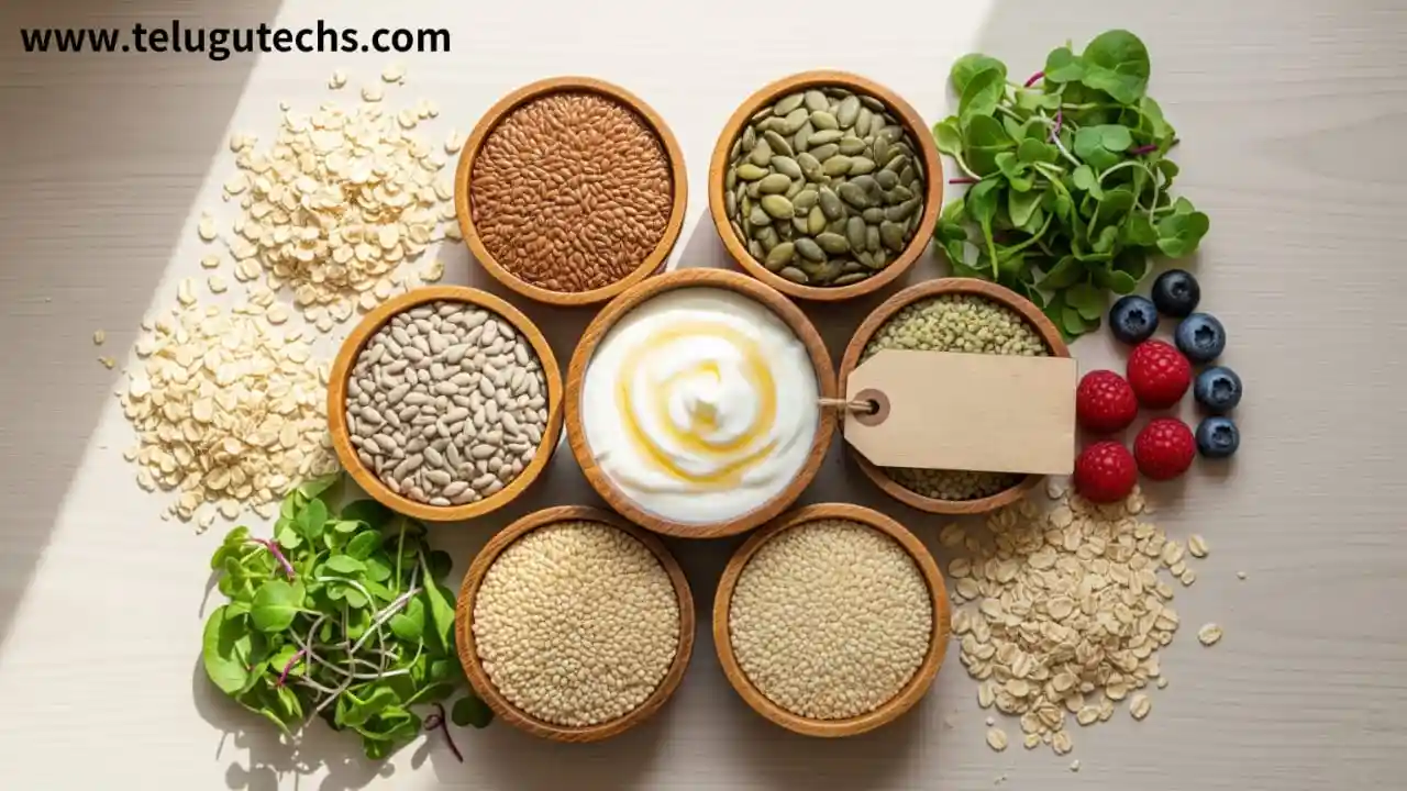 Best Seeds to Eat - Six healthy seeds: flax, chia, pumpkin, sunflower, hemp, sesame on a wooden table with salad and yogurt.