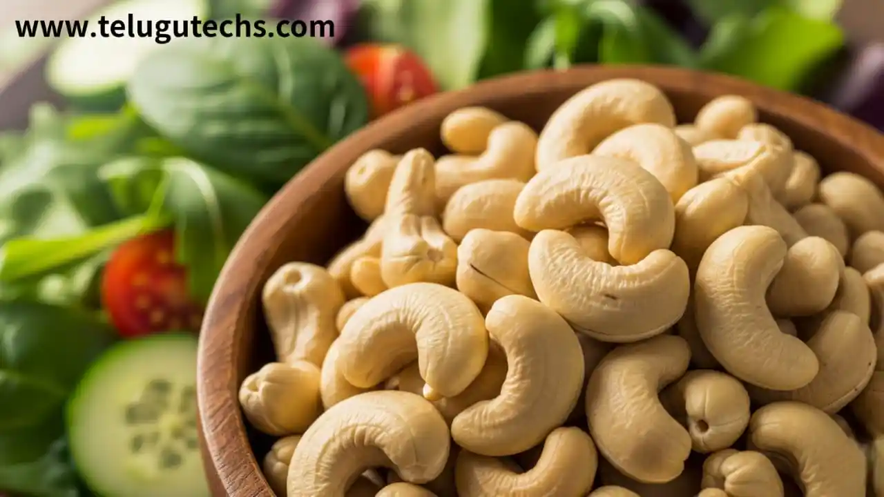 Cashew Nuts for Weight Loss - Raw cashew nuts in a bowl with salad and measuring spoon, healthy snacking for weight loss.