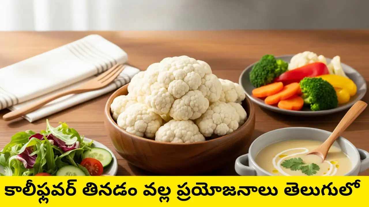 cauliflower - Fresh cauliflower florets in a bowl with salad, soup, and steamed vegetables – healthy gut and immune support.