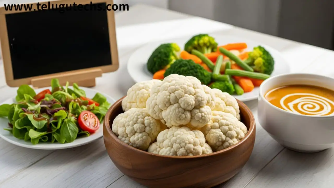 cauliflower - Fresh cauliflower florets in a bowl with salad, soup, and steamed vegetables – healthy eating for gut and immunity.