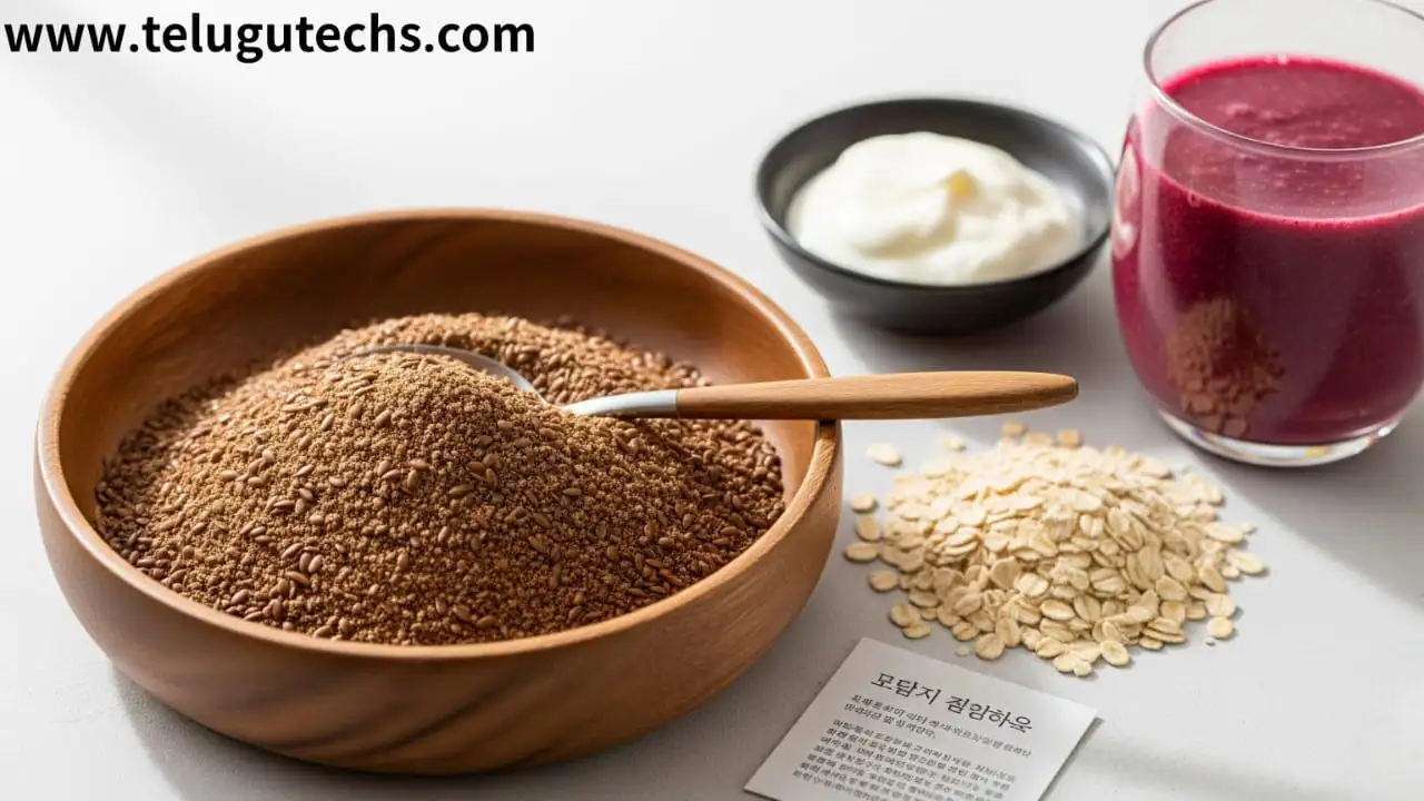 flaxseeds Ground flaxseeds in a bowl with spoon, oats, yogurt, and smoothie – healthy eating for heart and digestion.
