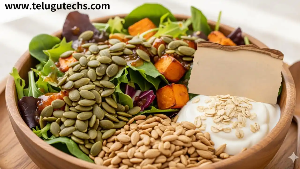 pumpkin seeds - Roasted pumpkin seeds in a bowl with salad, yogurt, and oats – healthy snacking for heart and sleep.