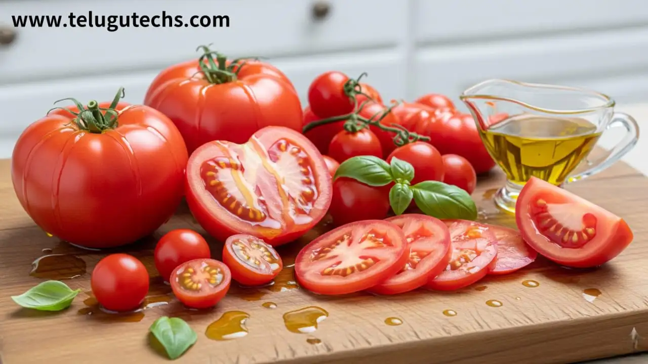 tomatoes - Fresh red tomatoes, cherry tomatoes, tomato juice, and olive oil – heart, skin, eye health concept.