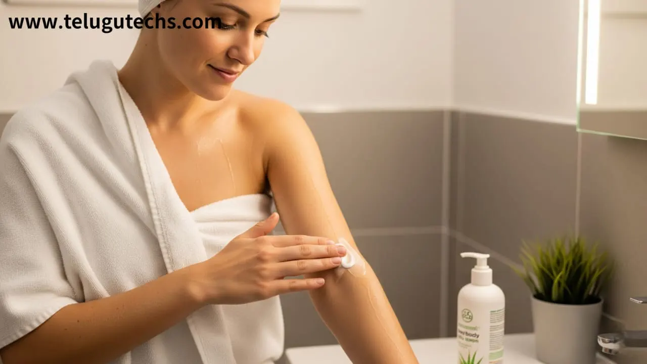 body lotion tips: Woman applying body lotion after shower – soft, moisturized skin care routine.