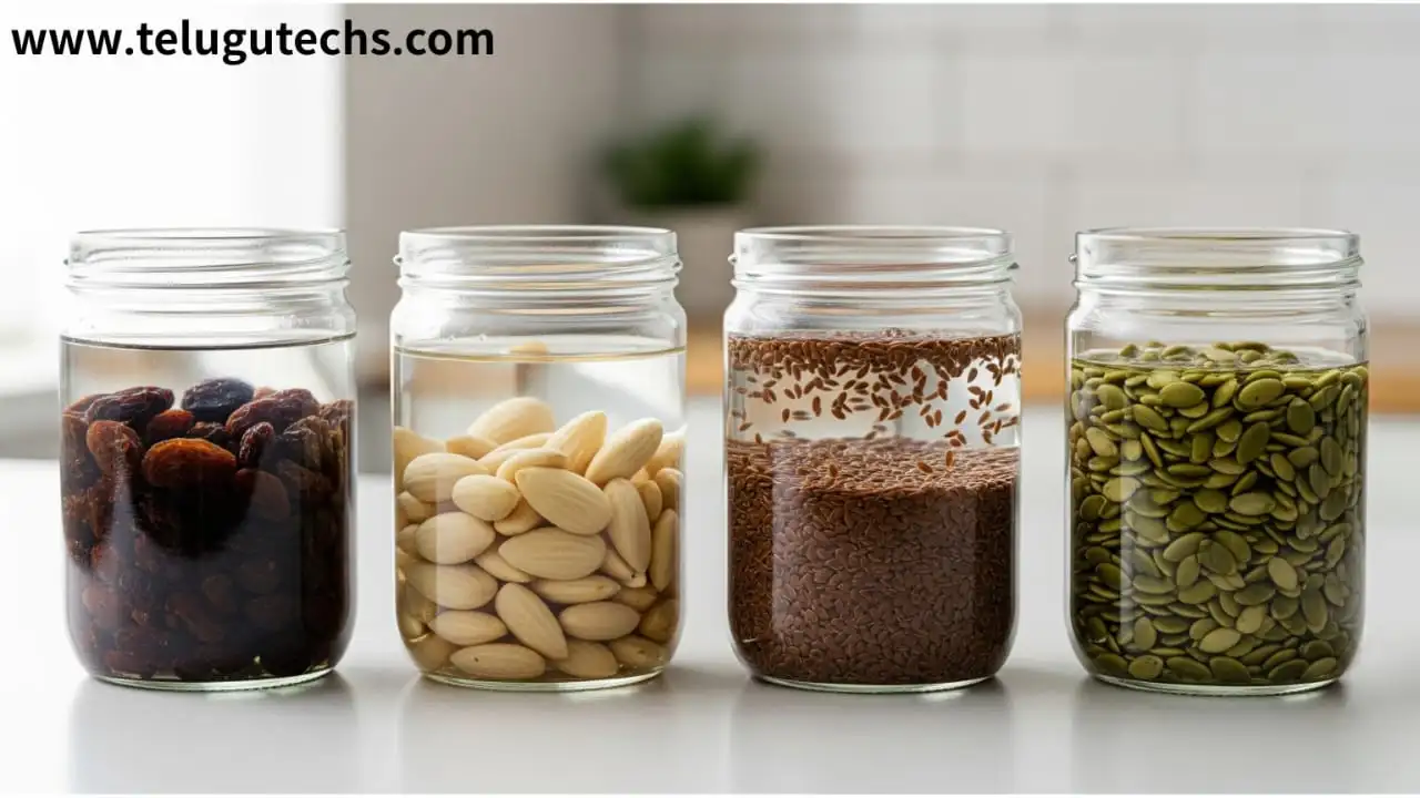 Soak Before Eating - Raisins, almonds, flaxseeds, pumpkin seeds soaking in water – healthy pre-soaking for digestion and nutrition.