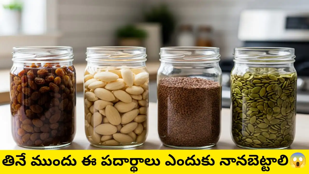 Soak Before Eating - Raisins, almonds, flaxseeds, pumpkin seeds soaking in water – healthy pre-soaking for digestion and nutrition.