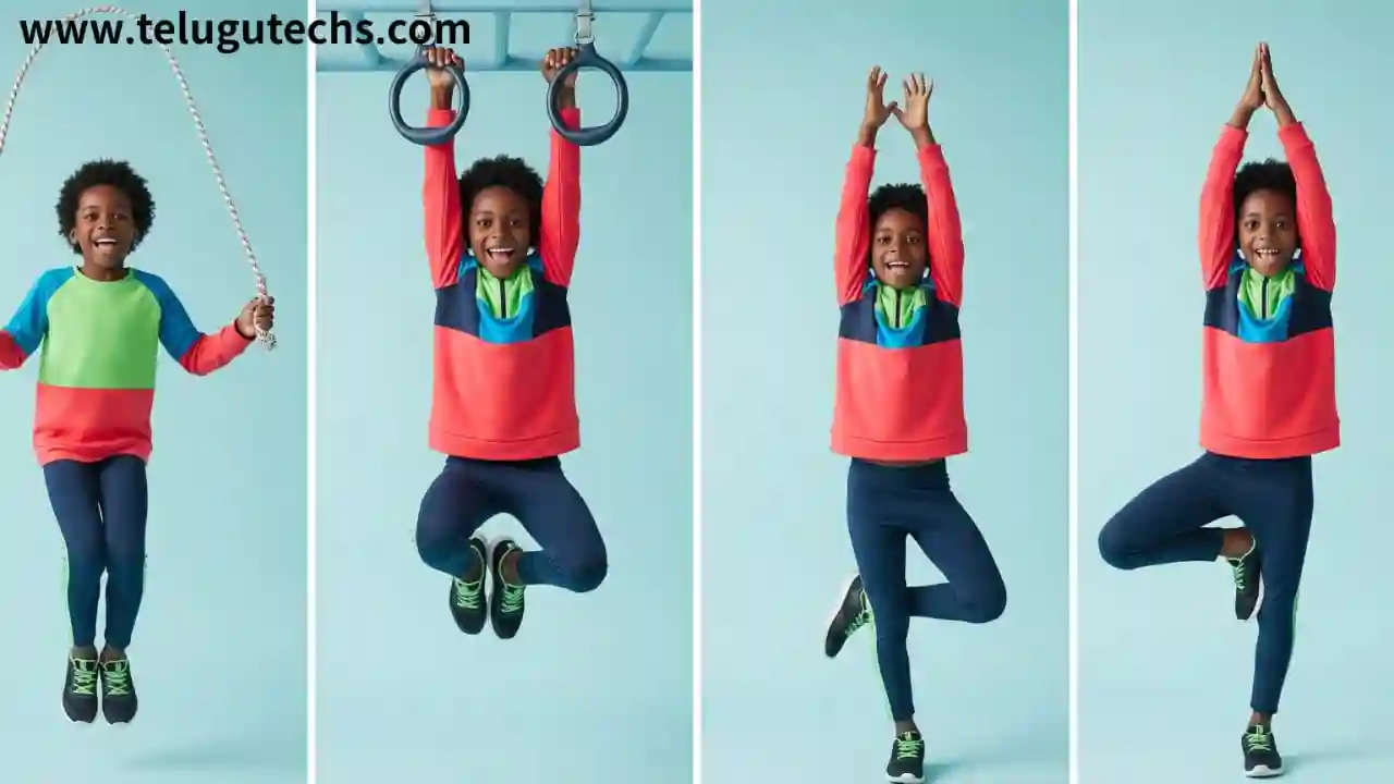 kids height growth: Child doing stretching, hanging, skipping and yoga for height growth – healthy lifestyle for kids.
