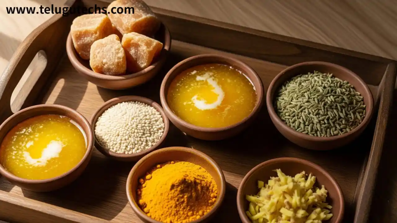 Jaggery with ghee, sesame, fennel, turmeric – natural health combinations for digestion, immunity and women's health.