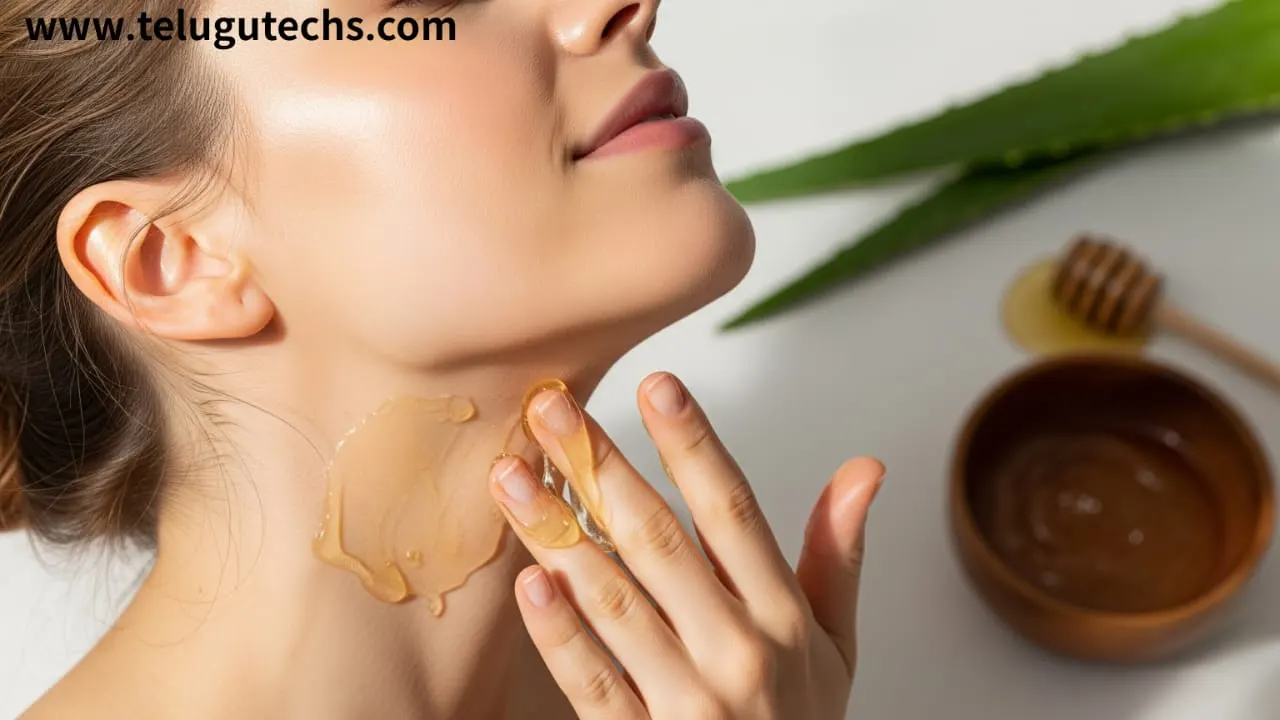 Neck Wrinkles: Woman applying natural neck mask with honey, egg white, aloe vera – anti-aging skincare at home.
