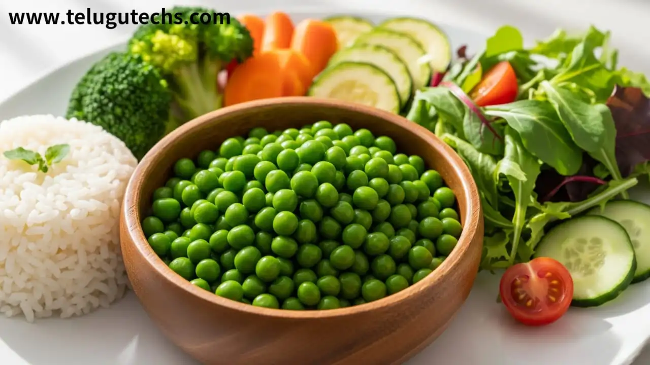 peas - Fresh green peas in a bowl with salad, rice, and steamed vegetables – healthy eating for digestion and heart.