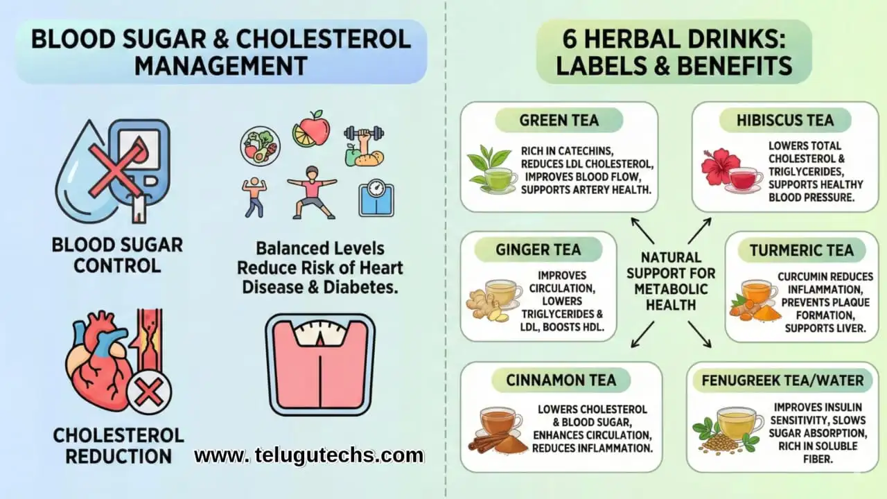 herbal tea for sugar and cholesterol – natural drinks with fenugreek, amla, lemon, cinnamon for diabetes, high cholesterol, PCOS, thyroid in Telugu.